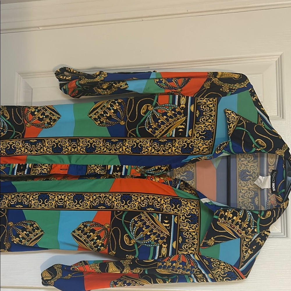 Blue and Green Button Down Shirt with Geometric Patterns